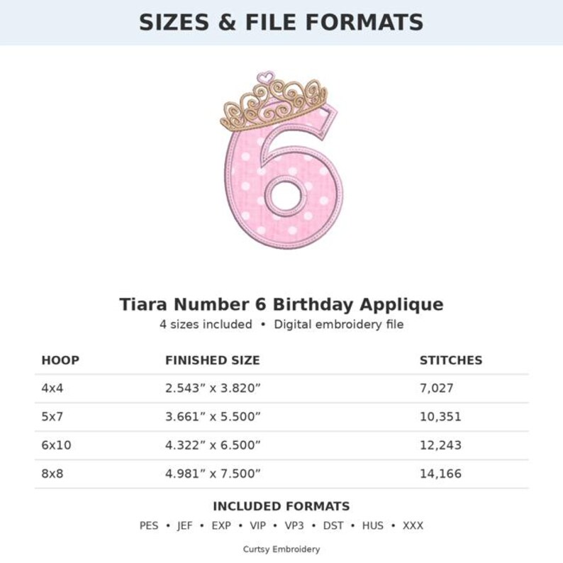 May include: A digital embroidery file for a Tiara Number 6 Birthday Applique. The design features a pink number 6 with white polka dots topped with a gold tiara. A table lists four hoop sizes with finished dimensions from 2.543" x 3.820" to 4.981" x 7.500".