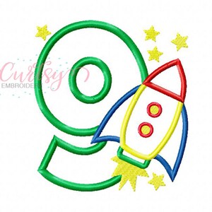 Rocket Embroidery Design / 9th Birthday Embroidery / 9th Birthday Space / Rocket Ship Applique Design / Outer Space Birthday Embroidery