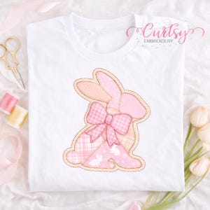 Patchwork Girl Bunny Appliqué Embroidery File – Bow Easter Bunny Blanket Stitch Machine Embroidery Design