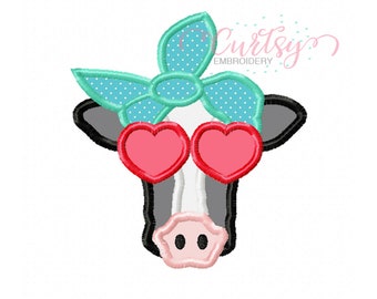 Cow Face Applique Design / Heifer with Bow Applique Embroidery / Heifer Cow with Sunglasses Machine Applique / Cow Headband Applique