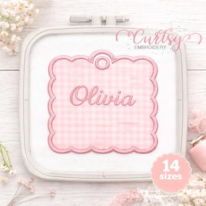 Scalloped Square Tag Applique Embroidery Design, In The Hoop Ornament or Name Tag, 14 Sizes 2.5–9 Inch, Monogram Frame, Digital Download PES