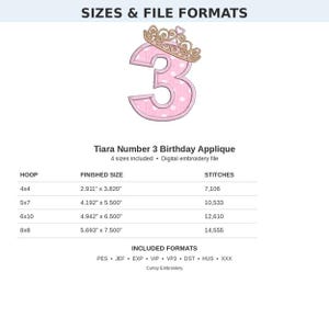 May include: A digital embroidery file featuring a pink polka-dot number 3 topped with a gold tiara. The text reads SIZES & FILE FORMATS, Tiara Number 3 Birthday Applique, 4 sizes included, Digital embroidery file, HOOP, FINISHED SIZE, STITCHES, and INCLUDED FORMATS.