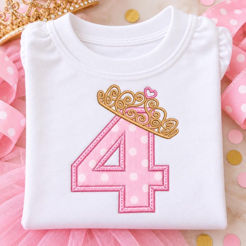 May include: A white short-sleeved shirt featuring a large pink number four with white polka dots. The number is topped with an embroidered gold crown design that includes a small pink heart at the center. The shirt has gathered shoulder details.