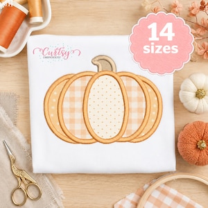 May include: An embroidery design of a pumpkin on a white fabric background. The pumpkin features alternating panels of light orange gingham check and light orange polka dot patterns, outlined in thick orange thread with a tan stem.