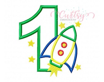 Cohete nave Applique / Primer cumpleaños bordado diseño / 1er cumpleaños espacio / cumpleaños del espacio exterior / 1er cumpleaños cohete / cumpleaños espacial cumpleaños