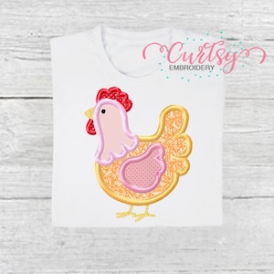 Chicken Applique Embroidery Design File – Farm Chicken Machine Embroidery – Girl Farm Birthday Shirt – 4x4 5x7 6x10 8x8