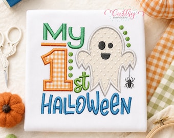 My First Halloween Embroidery Design for Boy, 1st Halloween Applique Design, Baby Ghost Machine Embroidery