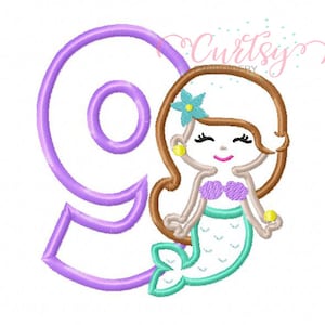 Mermaid Birthday Embroidery Design / Mermaid Applique Design / 9th Birthday Mermaid Applique / Mermaid Embroidery / Ninth Birthday