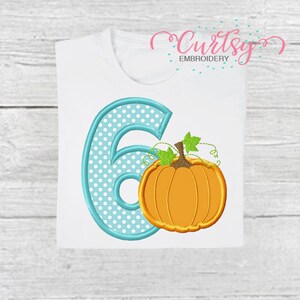 May include: White t-shirt featuring a large number 6 in light blue with white polka dots, and a bright orange pumpkin with green leaves. The word "Curtsy Embroidery" is written in pink script above the design.