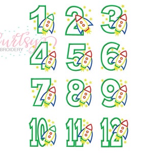 May include: Green outlined numbers 1 through 12 with a red, yellow, and blue rocket ship next to each number. The rocket ships have white windows and yellow flames. There are small yellow stars scattered around the numbers.