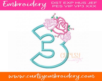 Birthday Number Applique / Floral Number Applique Design / 3rd Birthday / Third Birthday / Chic Birthday Design / Floral Birthday