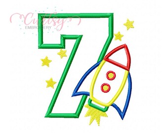 Rocket Embroidery Design / 7th Birthday Embroidery / 7th Birthday Space / Rocket Ship Applique Design / Outer Space Birthday Embroidery