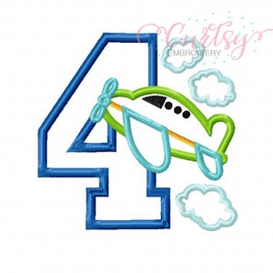 4o cumpleaños avión aplique diseño / avión bordado / avión aplique / avión aplique / bordado diseño para niños / cuarto cumpleaños