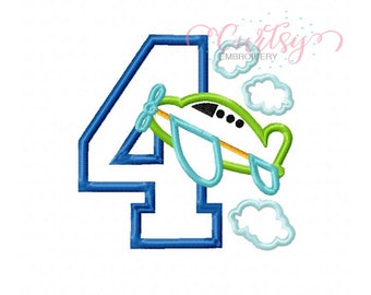 4o cumpleaños avión aplique diseño / avión bordado / avión aplique / avión aplique / bordado diseño para niños / cuarto cumpleaños