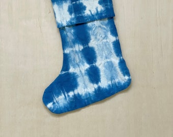 stocking | hand dyed | indigo | striped | shibori | 17  x 12