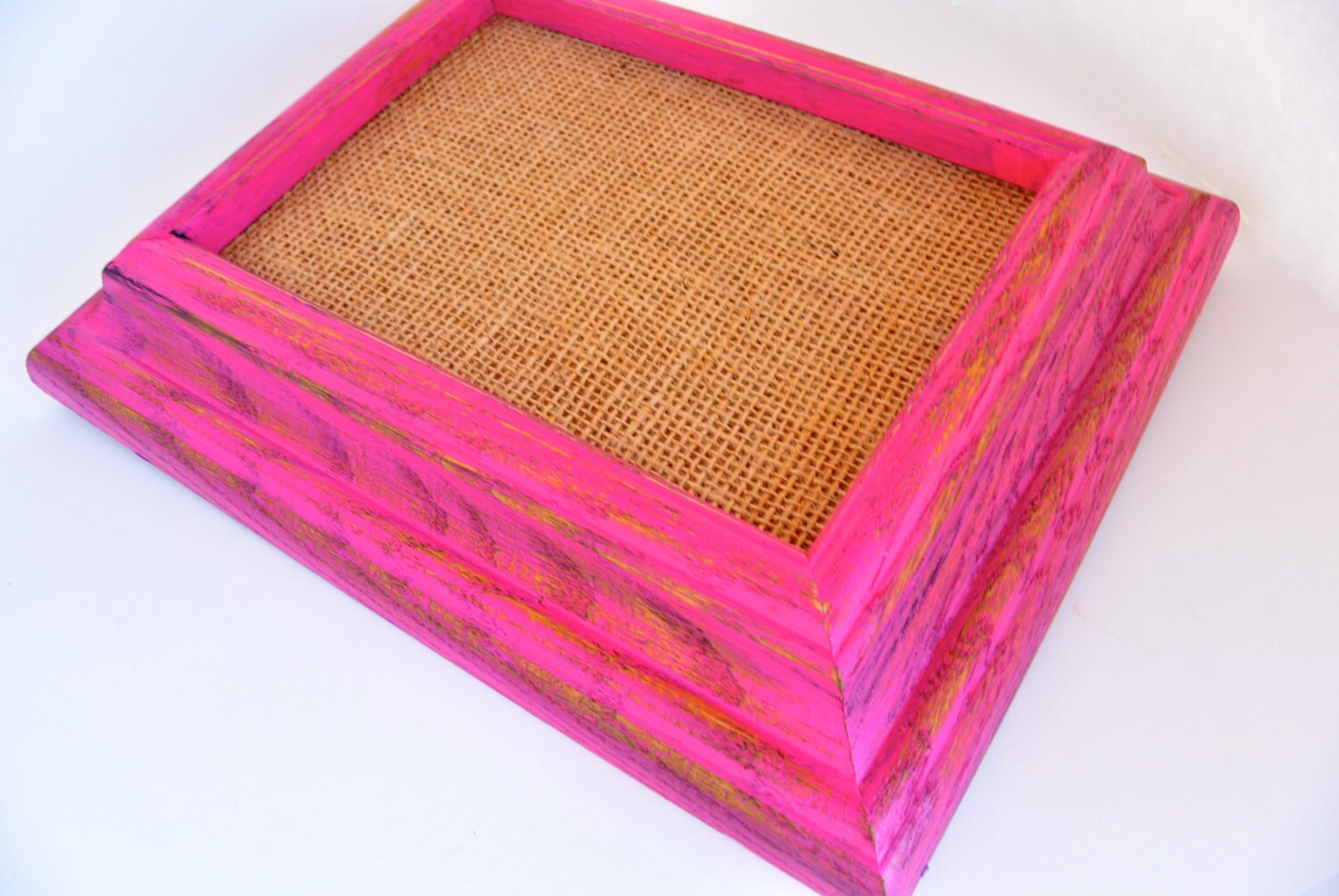 Hot Pink Distressed Cork Board Covered With Burlap Repurposed Etsy