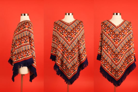 Patterned Vintage Woven Knit Poncho - image 3