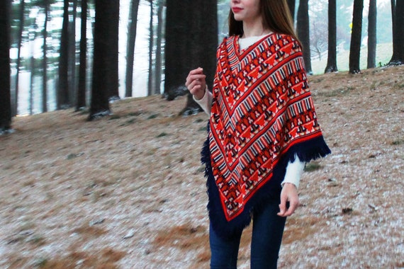 Patterned Vintage Woven Knit Poncho - image 2