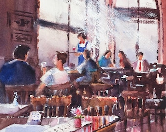 French Cafe Paris watercolor painting 10 x 14