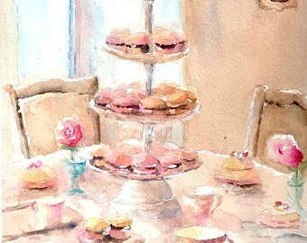 Tea Party macarons painting of English tea party watercolor original macaroons teacups 10 x 14
