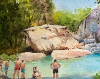 River Swimmers summer landscape watercolor painting 10 x 14