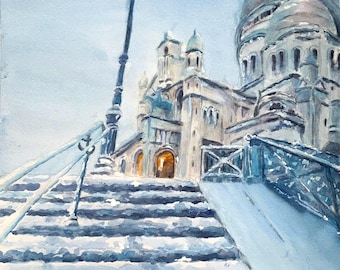 Montmartre church basilica famous monument Sacre Coeur Paris watercolor painting original 11 x 15”.