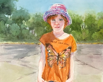 Girl County Fair orange art watercolor painting 17 x 24