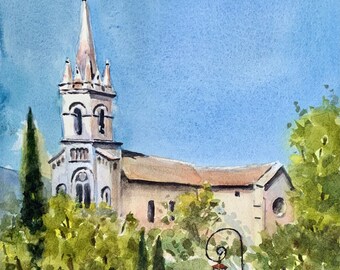 Church France Provence Bonnieux watercolor 10 x 14