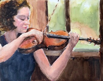 Portrait violin painting watercolor violin solo  10 x 15".