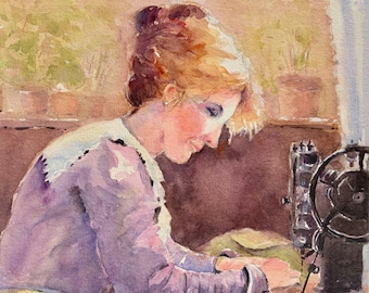 Woman sewing singer sewing machine giclée print vintage art 11.5 x 13.5”