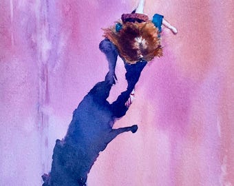 Watercolor Woman in Flight Naples, domestic unrest  painting of Italy 11 x15"