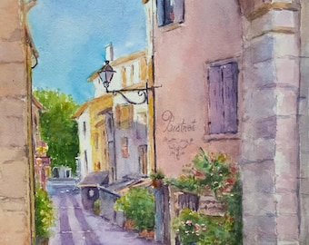 Provence Village street France watercolor painting original 11 x 15”.