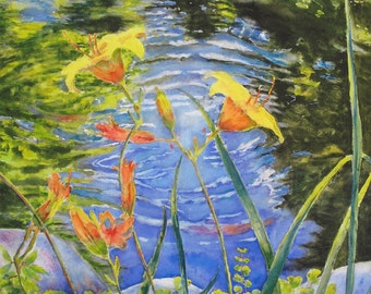 Special price Lilies Koi Pond Summer Original Watercolor Painting fish pond