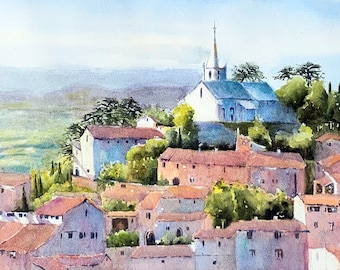 Provence France village mountains Bonnieux watercolor original