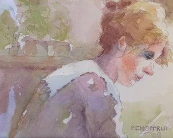 Woman sewing portrait Seamstress watercolor original woman sewing