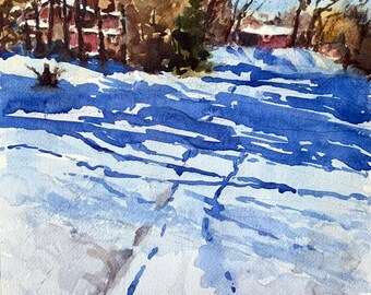 Winter snow Minnesota watercolor winter painting 10 x 14"
