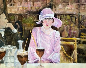 Paris Roaring Twenties small size giclée print watercolor Paris bar scene Roaring Twenties flapper