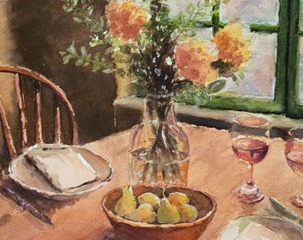 Interior house painting winter table set food wine watercolor  original painting 11 x 15