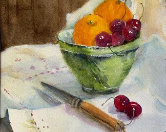 Cherries still life watercolor painting fruit bowl still life 8.5 x 10