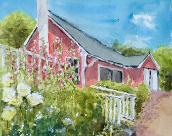 Farmhouse Hydrangeas Bruentrup Farm White Bear Lake MN outbuilding heritage site watercolor original