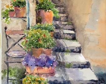 Saint Cir-la-Popie, village français classé monument historique, escalier ombragé, plantes et fleurs, aquarelle giclée 10 x 14 pouces