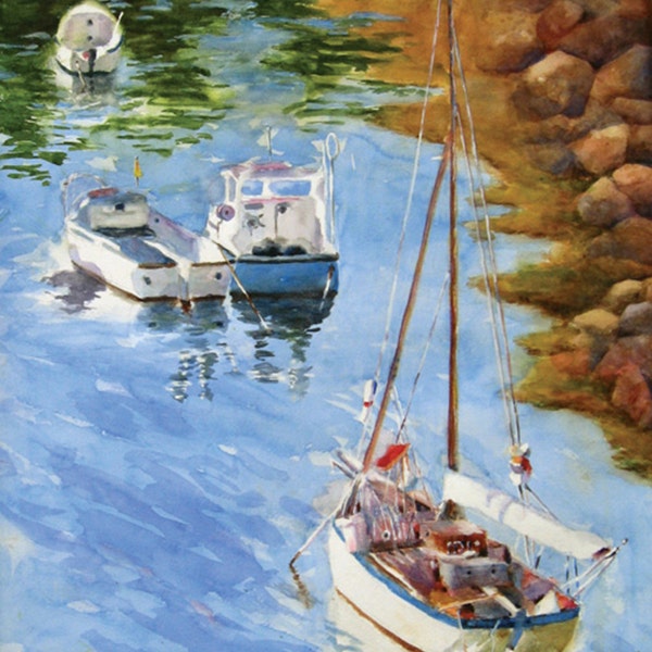 Seascape boats France art print of watercolor painting original Sailing