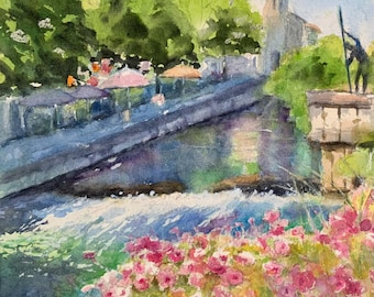 Provence France small watercolor tourist market downtown antiques canals flowers L’Isle sur la Sorgue,  original watercolor, 10 x 10.5”