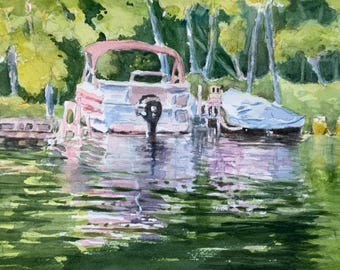 Peinture à l'aquarelle originale de Big Sturgeon Bay, bateau, lac du Minnesota, coucher de soleil rose
