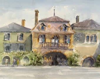 Plaza del pueblo francés, siglo XII, acuarela original, pueblo francés de Monpazet, 11 x 15