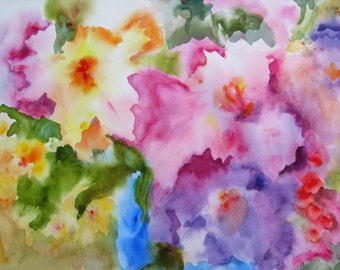 Abstract flowers impressionistic art in vase JOY large fine art print watercolor