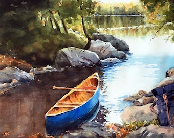 Canoe lake Boundary Waters Minnesota Canada watercolor Art Print 12 x 16