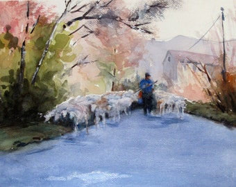 Provence France goats shepherd France Watercolor Art PRINT