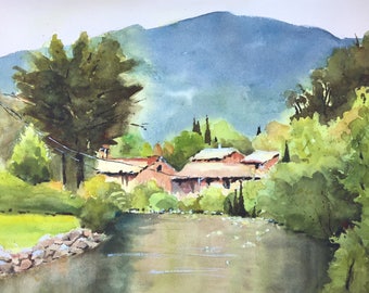 Watercolor painting River of Provence landscape mountains France watercolor painting original