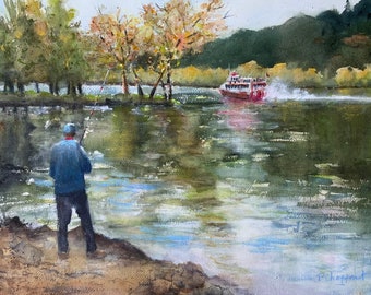 Fishing river  Stillwater Minnesota lake art watercolor original 15 x 22”